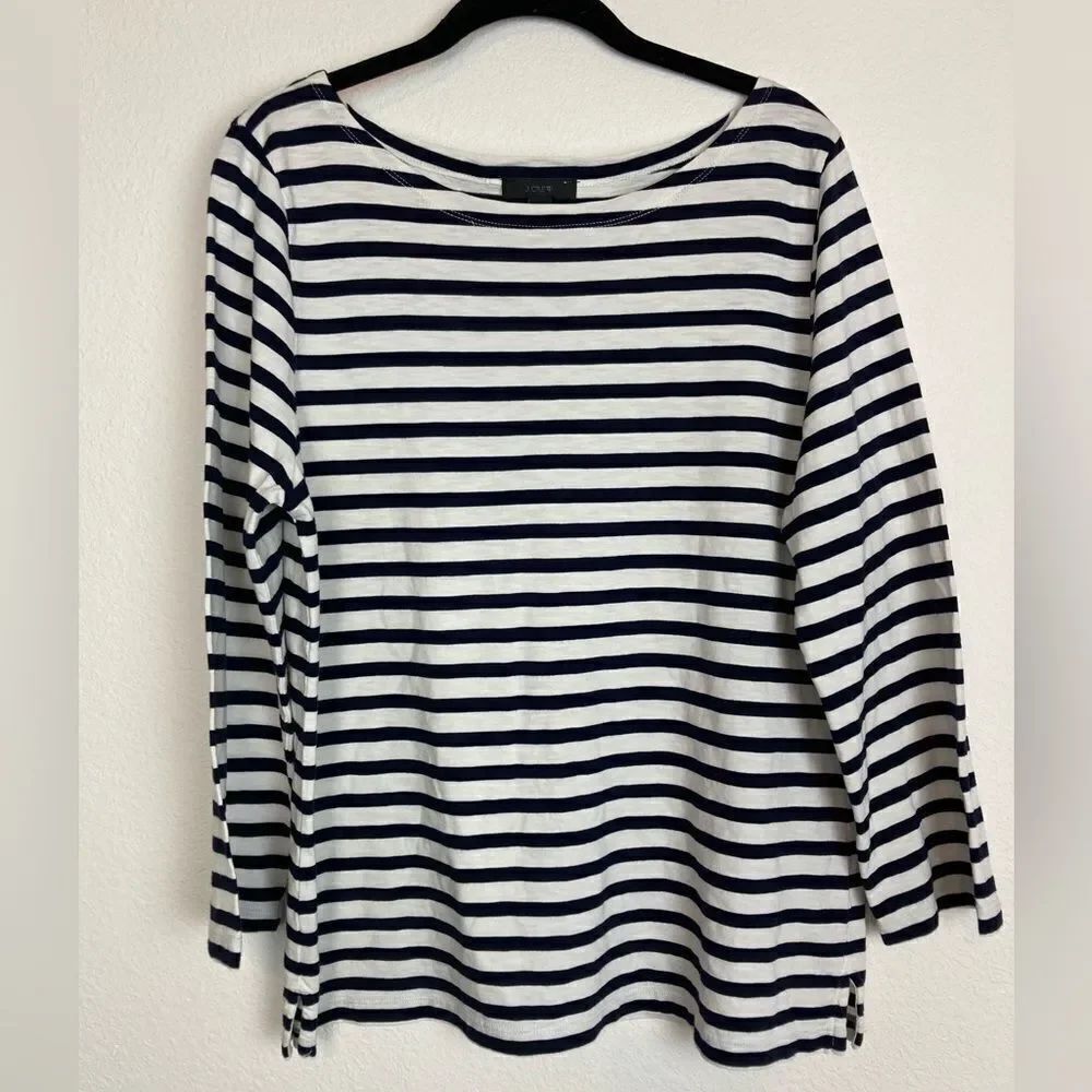 J. Crew classic black and white/cream striped cotton preppy nautical classic top